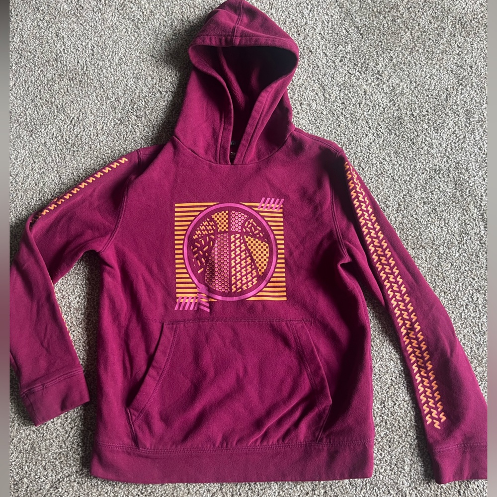 Tek Gear Burgundy and Orange Fleece Hoodie. Boys size Medium. Chest & Sleeve art